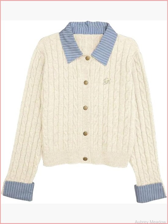 Sweaters - Cropped Collared Cable Knit Cardigan Button Down Long Sleeve Preppy Fall